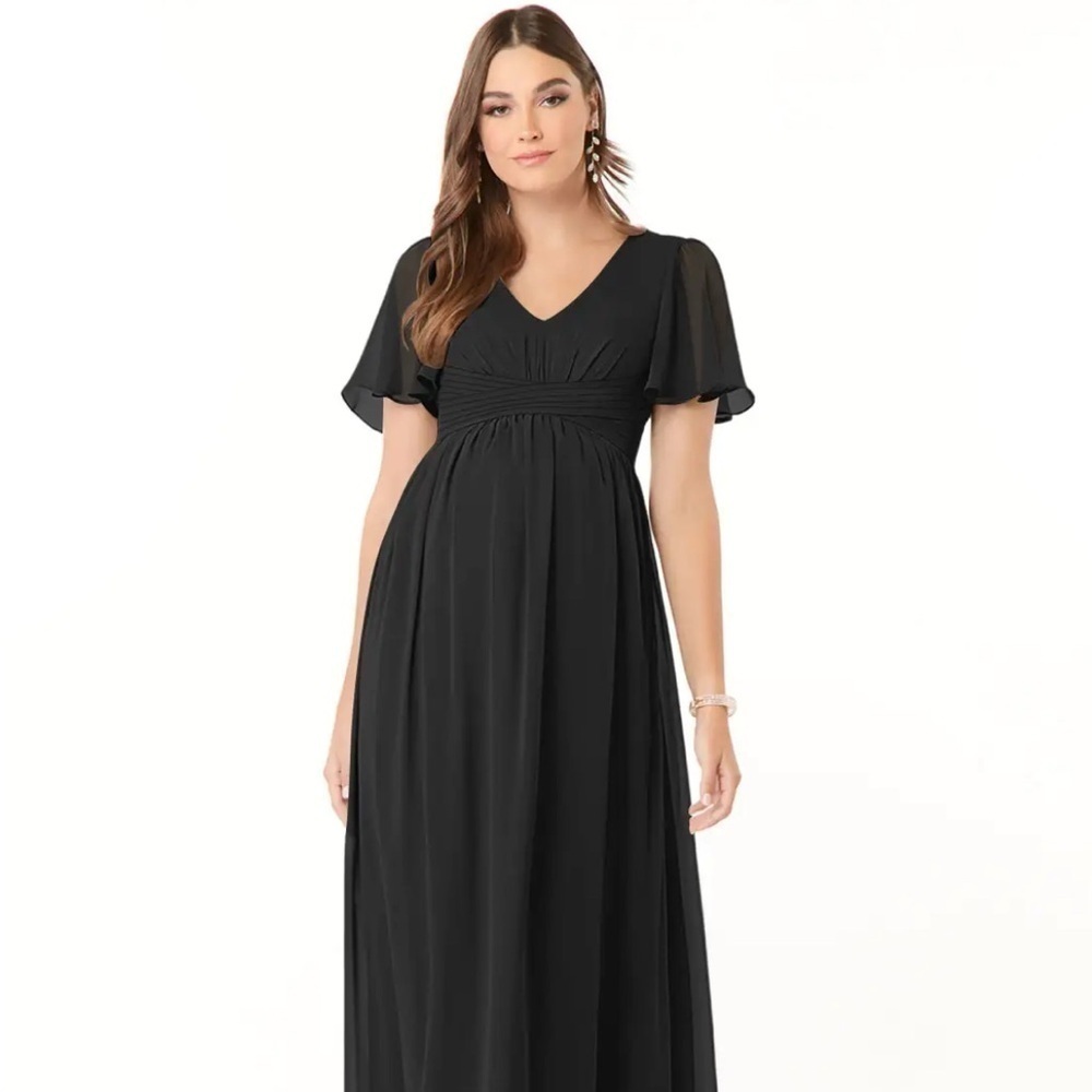 AZAZIE VERNA - A-Line V-Neck Ruched Chiffon Floor-Length Dress black. Damaged﻿